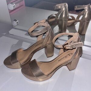 gold shimmer heeled sandals